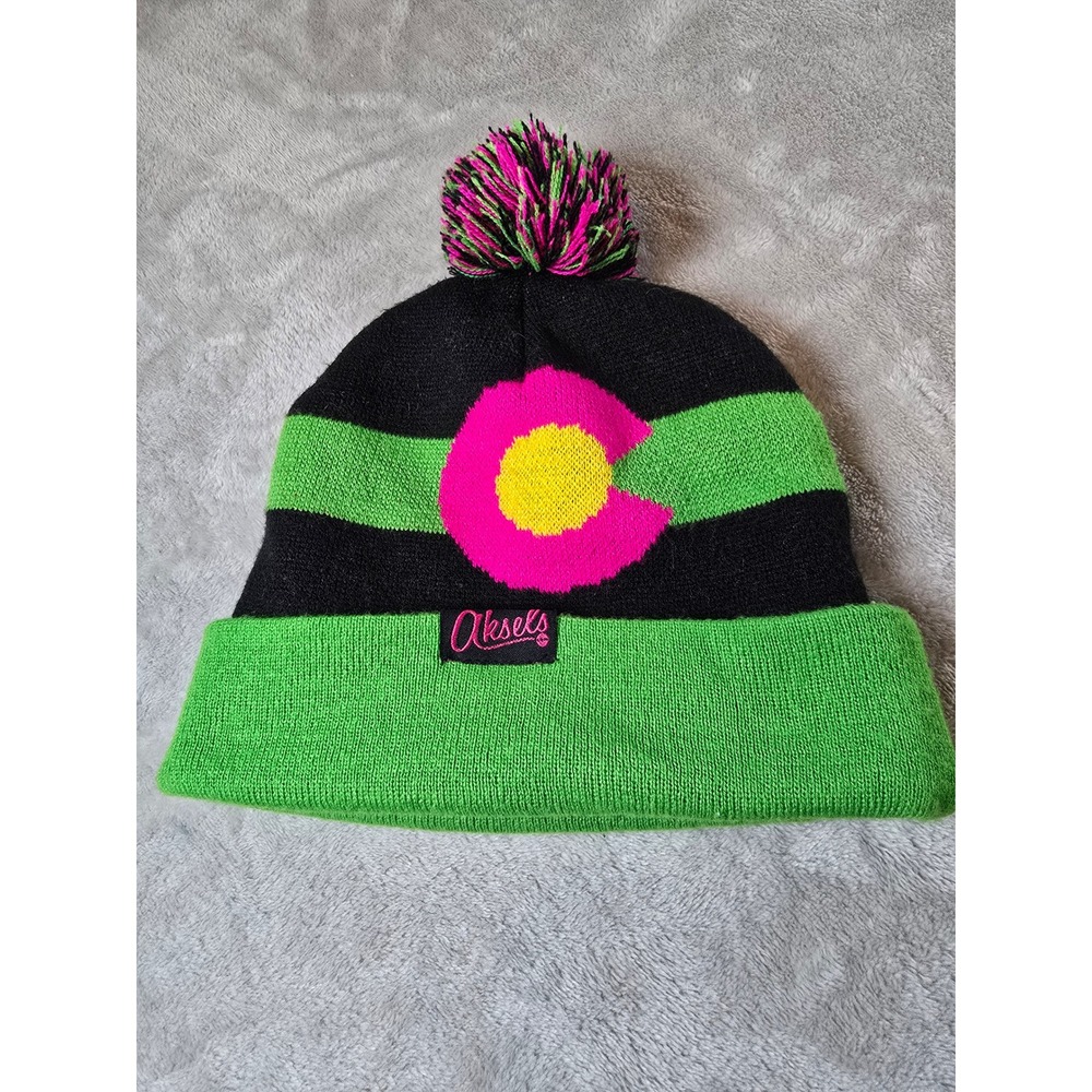 Aksels Colorado Pom Beanie Green Black Pink Yellow Winter Hat